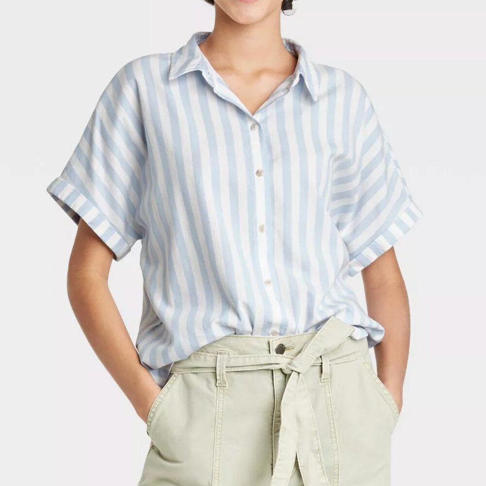 Coastal Grandmother Light Blue Striped Button Up